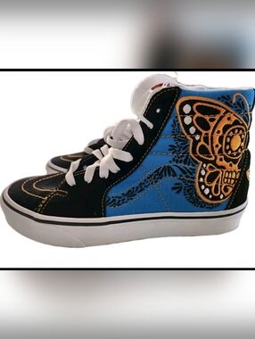 VANS Kids High-Top Sneakers in Blue and Gold Sugar Skull Embroidery Uni Size 5.5
